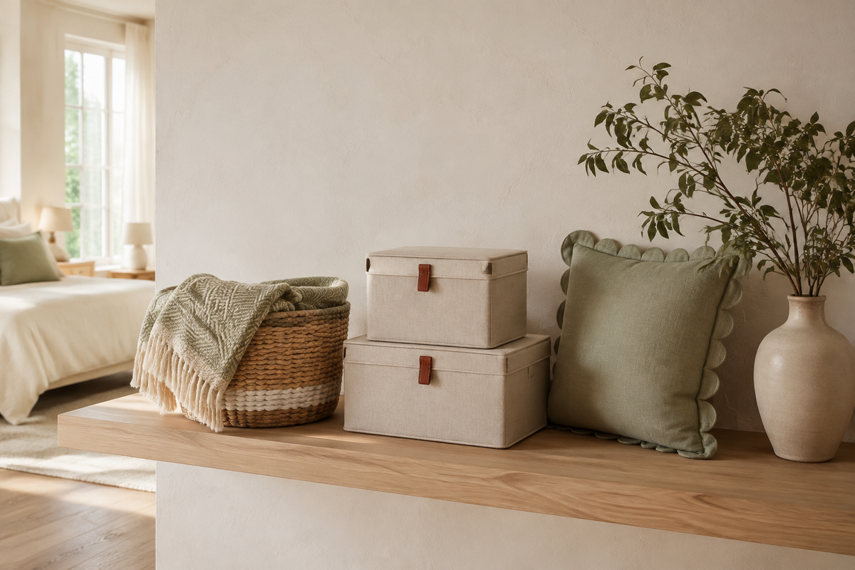 CANVASELLE HOME textile storage collection in a calm bedroom